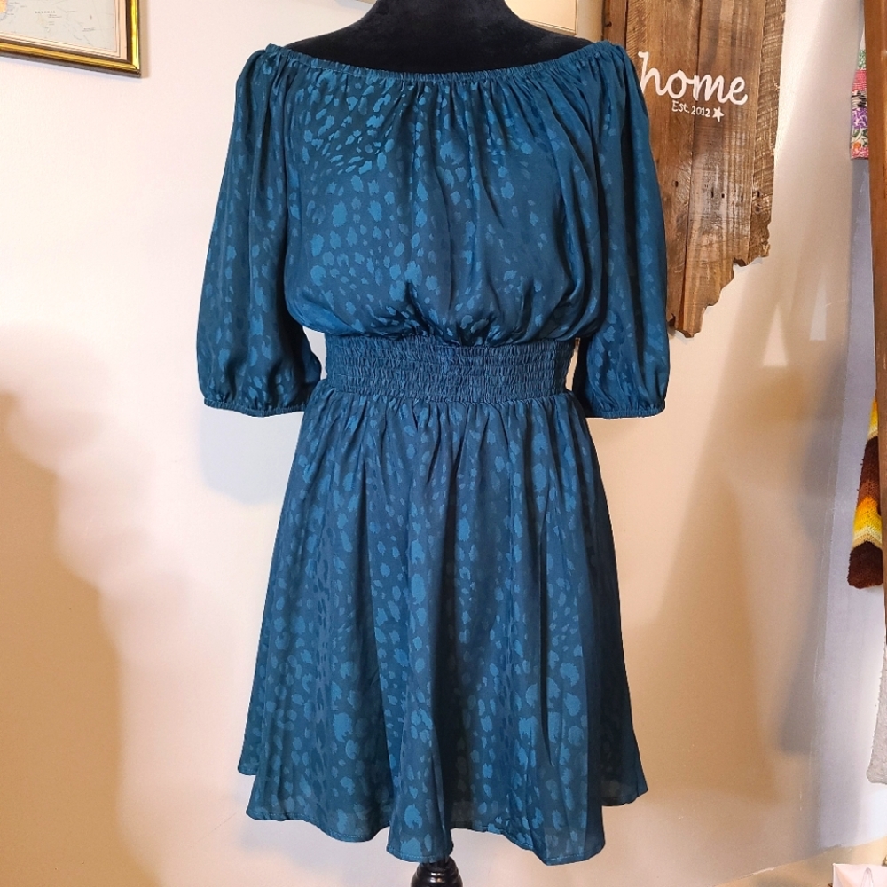 Sadie & Sage Blue Green Smocked Waist Balloon Sleeve AOP Satin Dress Womens M